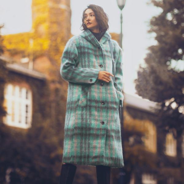 ウールモヘヤ混シャギー チェック フーディコート コート ロングコート 132701