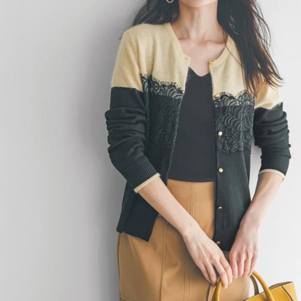 アンゴラ混バイカラー レースニットカーディガン ファッション カーディガン ボレロ PC5591
