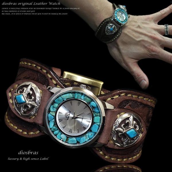 腕時計 メンズ ターコイズ オニキス 時計 レザーブレス ウォッチ カービング ベルト牛革 シルバー...