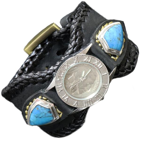 本革サドルレザーカービング カスタムウォッチ レザーウォッチ ターコイズ  腕時計 シルバー９２５ ...