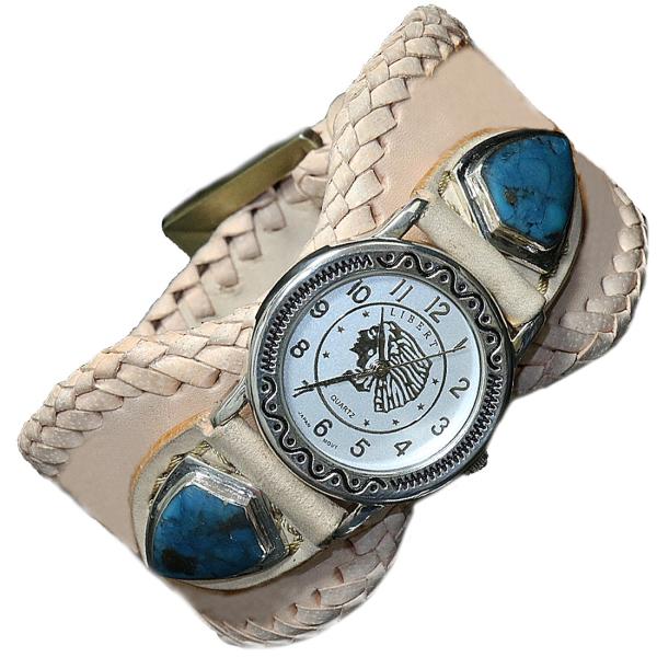 本革サドルレザーカービング カスタムウォッチ レザーウォッチ ターコイズ  腕時計 シルバー９２５ ...