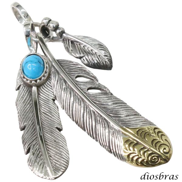 シルバー925 フェザー トップ 金縄 フェザーネックレス ターコイズ トルコ石 ハンドメイドネック...