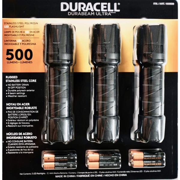 デュラセル Durabeam ウルトラ防滴LED懐中電灯500のルーメン 3本セット 電池付き
