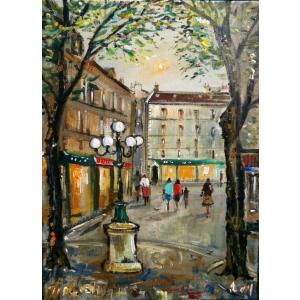 風景油絵 絵画 カンザネッラ 作 「イタリア風景・ナポリの港