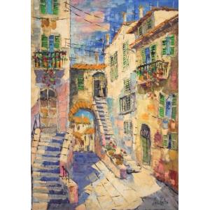 油絵 絵画 マルコ 作 イタリア風景・トスカーナの旧市街 リビング インテリア 定価280000円