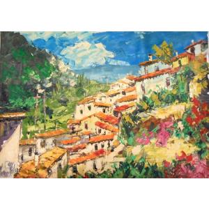 油絵 絵画 マルコ 作 「イタリア風景・モンターニャの家並」 リビング インテリア