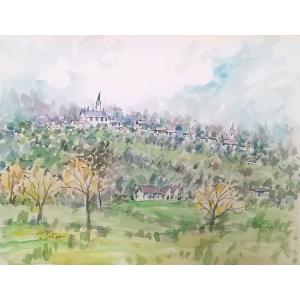 フランス風景 絵画 水彩画 横尾武之 作 「南フランス・プロヴァンスの丘」 風景画 インテリア　定価...