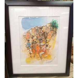 絵画 ペン・アクリル画 野尻統正 作 「サンパウロのカーニバル」 ブラジル風景 インテリア