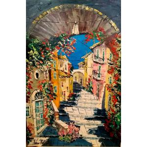 大型油絵 絵画 マルコ 作 イタリア風景・アヴルッツォの旧市街 イタリア風景