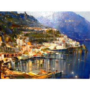 海の絵画 油絵 アプリーレ（イタリア）「夜景のアマルフィ」 風景画 インテリア　｜dipint