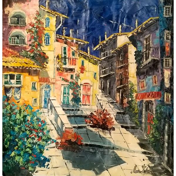 油絵 絵画 マルコ 作 アヴルッツォの古い街 イタリア風景画 リビング インテリア 定価400000...