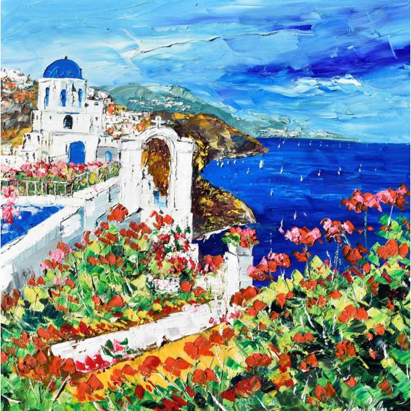 油絵 絵画 マルコ 作 「ギリシャ風景・サントリーニ島」 リビング インテリア 定価400000円