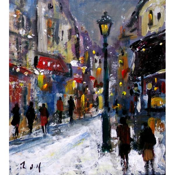 パリの風景 絵画 油彩画 パスカル（フランス） 「雪のパリの街・サンティエ」 インテリア リビング