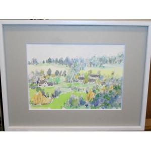 絵画 水彩画 横尾武之 作 「イギリス・コッツウォルズの牧場」 風景画 インテリア　定価20,000...