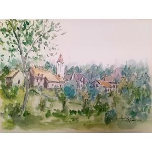 フランス風景 絵画 水彩画 横尾武之 作 「フランス・サルラの村」 風景画 インテリア　定価20,0...