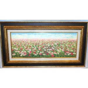 日本の風景 絵画 油絵 木戸孝二 作「佐久高原のコスモス街道」ワイドサイズ風景画 インテリア 定価4...