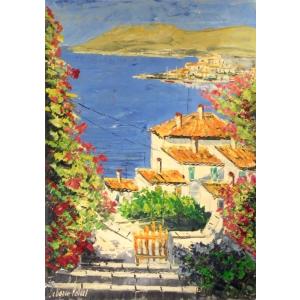 油絵 絵画 マルコ 作 ギリシャ風景 「海岸沿いの街」 インテリア リビング 定価280000円