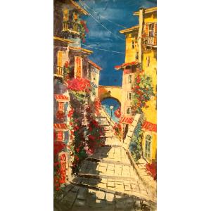 イタリア油絵 絵画 マルコ 作 イタリア風景 「イタリアの古い街・海の見える路地」 インテリア リビング 定価400000円｜dipint