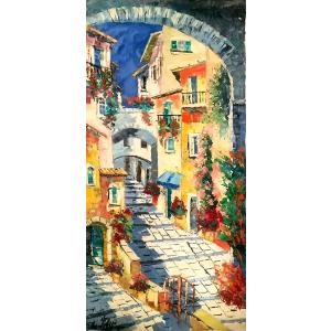 イタリア油絵 絵画 マルコ 作 イタリア風景 「ラツィオ州・アーチのある村」 インテリア リビング ...