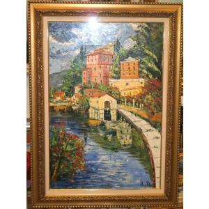 イタリア油絵 絵画 マルコ 作 水車小屋のある風景 インテリア 大型サイズ 定価450000円