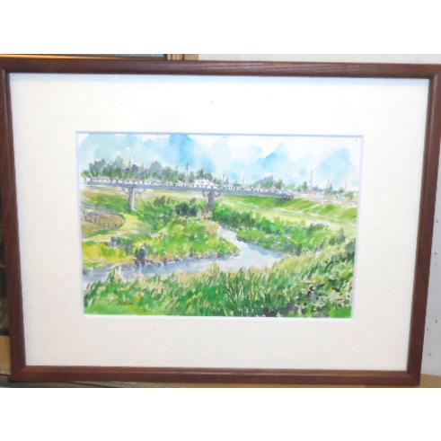 風景絵画 水彩画 横尾武之 作 「埼玉県・小畔川」 自然の景色 インテリア　定価20,000円
