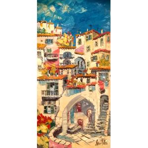 油絵 絵画 マルコ 作 イタリア風景・トスカーナの旧市街 リビング