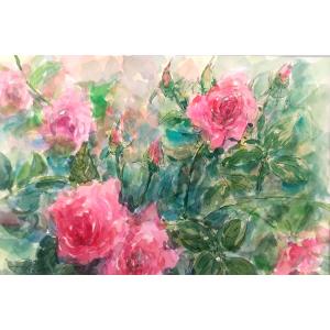 花の絵画 水彩画 横尾武之 作 「秋バラの香り」 風景画 インテリア　33cm×42cm 定価20,...