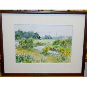 絵画 水彩画 横尾武之 作 「川越市・小畔川」 ヨーロッパ風景画 インテリア　定価20,000円