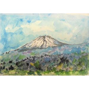 富士山の絵画 水彩画 横尾武之 作 「富士山遠望・川越市」 風景画 インテリア　22cm×27cm　...