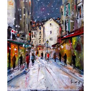 パリの風景 絵画 油彩画 パスカル（フランス） 「雪のサンジェルマン・デ・プレ」 インテリア リビング