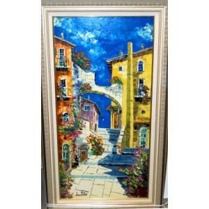 油絵 絵画 マルコ 作 「イタリア風景・アヴルッツォの古い街」 リビング インテリア 定価40000...