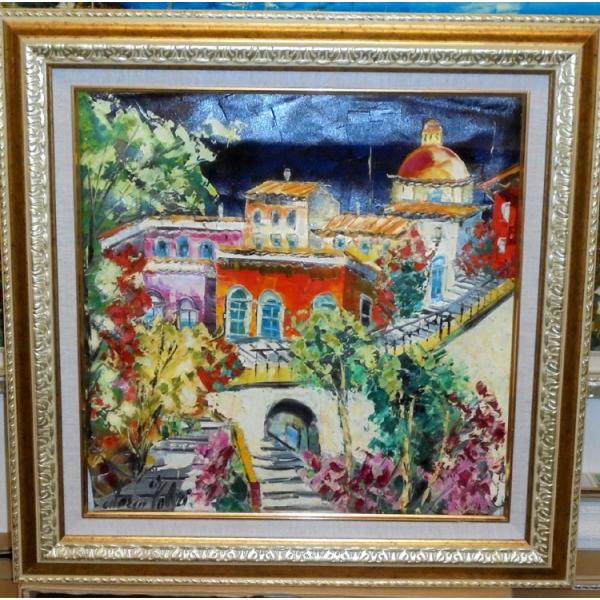 油絵 絵画 マルコ 作 イタリア風景 「アマルフィの街」 インテリア リビング 定価200000円