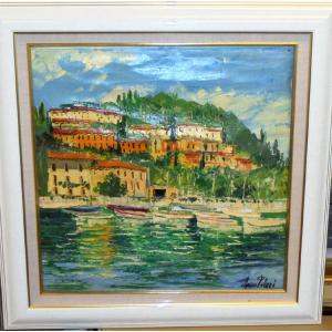 風景油絵 絵画 カンザネッラ 作 「イタリア風景・ナポリの港