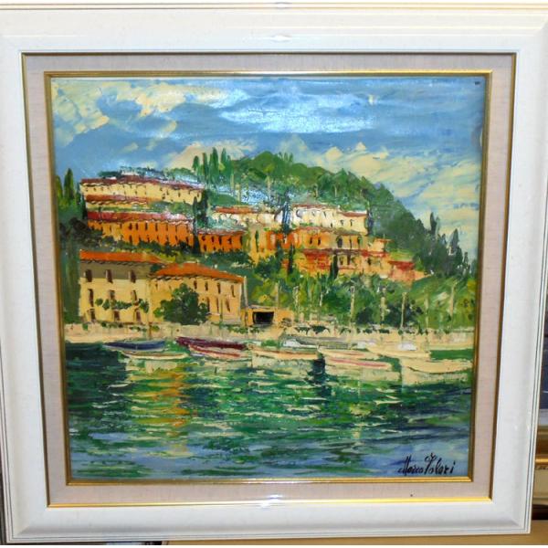 油絵 絵画 マルコ 作 港沿いの小さなボート イタリア風景画 リビング インテリア 定価200000...