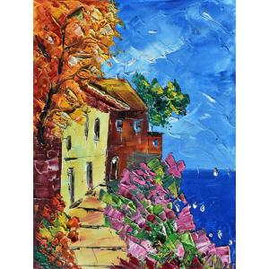 油絵 絵画 マルコ 作 「イタリア風景・トスカーナの海岸」 リビング インテリア 定価100000円