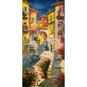 イタリア油絵 絵画 マルコ 作 イタリア風景 「イタリアの古い街」 インテリア リビング 定価400...