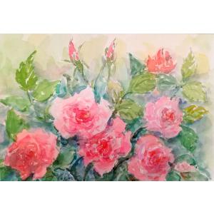 花の絵画 水彩画 横尾武之 作 「思い出のバラ」 風景画 インテリア　33cm×42cm 定価20,...