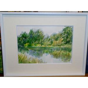 絵画 水彩画 横尾武之 作 「埼玉県・川越市のびん沼」 風景画 インテリア　定価20,000円