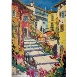 油絵 インテリア絵画 マルコ 作 イタリア風景 「黄色い家並と階段」 リビングサイズ 定価28000...