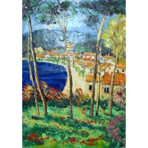 油絵 絵画 マルコ 作 イタリア風景 「海沿いの街並」 インテリア リビング 定価280000円