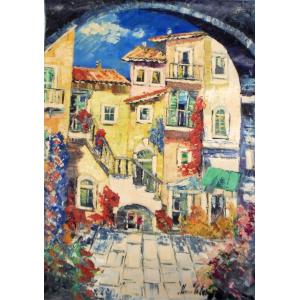 油絵 絵画 マルコ 作 「イタリア風景・ジェノバ旧市街」 リビング インテリア 定価280000円