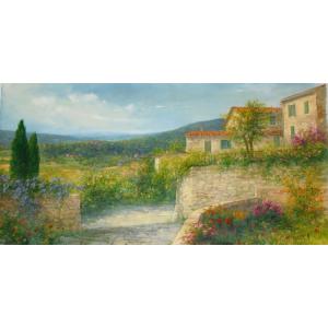 風景油絵 絵画 バラーロ 作 「イタリア・トスカーナの自然と家」 インテリア 定価650000円