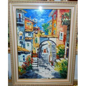 油絵 絵画 マルコ 作 イタリア風景 「アーチのある路地・旧市街」 インテリア リビング 定価280...