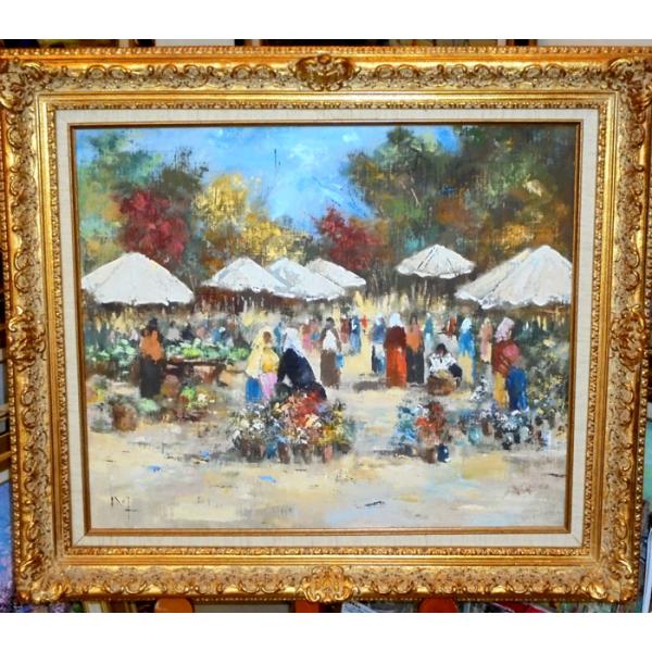 ハンガリー風景 絵画 油絵 ルイス 作 「ブダペストの市場」 風景画 インテリア　定価150000円