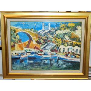 絵画 油絵 マルコ 作 スペルロンガの港 イタリア風景画 インテリア 定価280000円