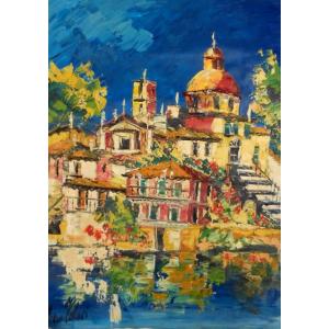 油絵 絵画 マルコ 作 「イタリア風景・ボルセナ湖沿いの街」 リビング インテリア 定価280,00...