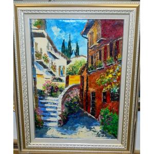 油絵 絵画 マルコ 作 イタリア風景・トスカーナの旧市街 リビング