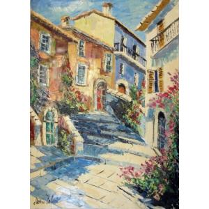 油絵 インテリア絵画 マルコ 作 イタリア風景 「小さな村の路地」 リビングサイズ 定価280000...