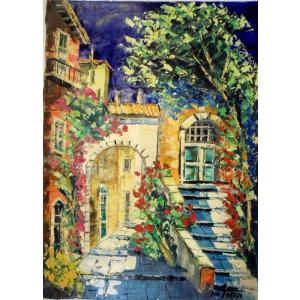 油絵 インテリア絵画 マルコ 作 イタリア風景 「階段とアーチ」 リビングサイズ 定価280000円