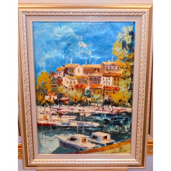 港の油絵 絵画 マルコ 作 イタリア風景 「カポディモンテのドック」 インテリア リビング 定価28...